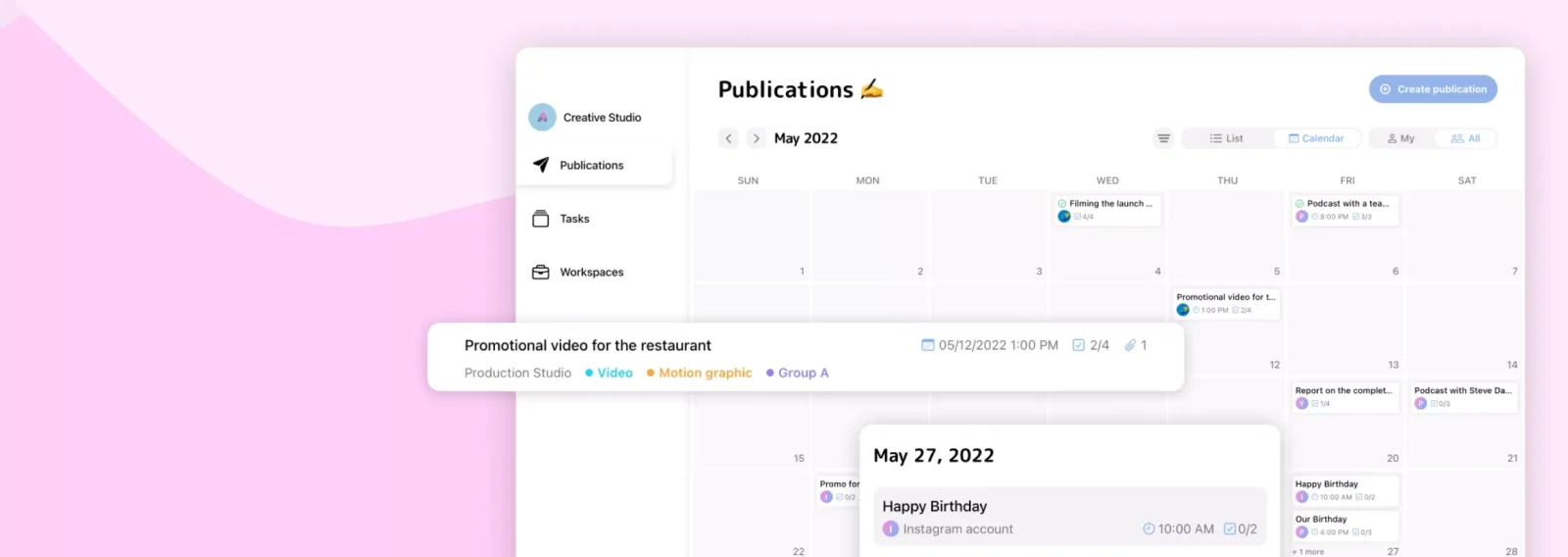 Content calendar dashboard interface