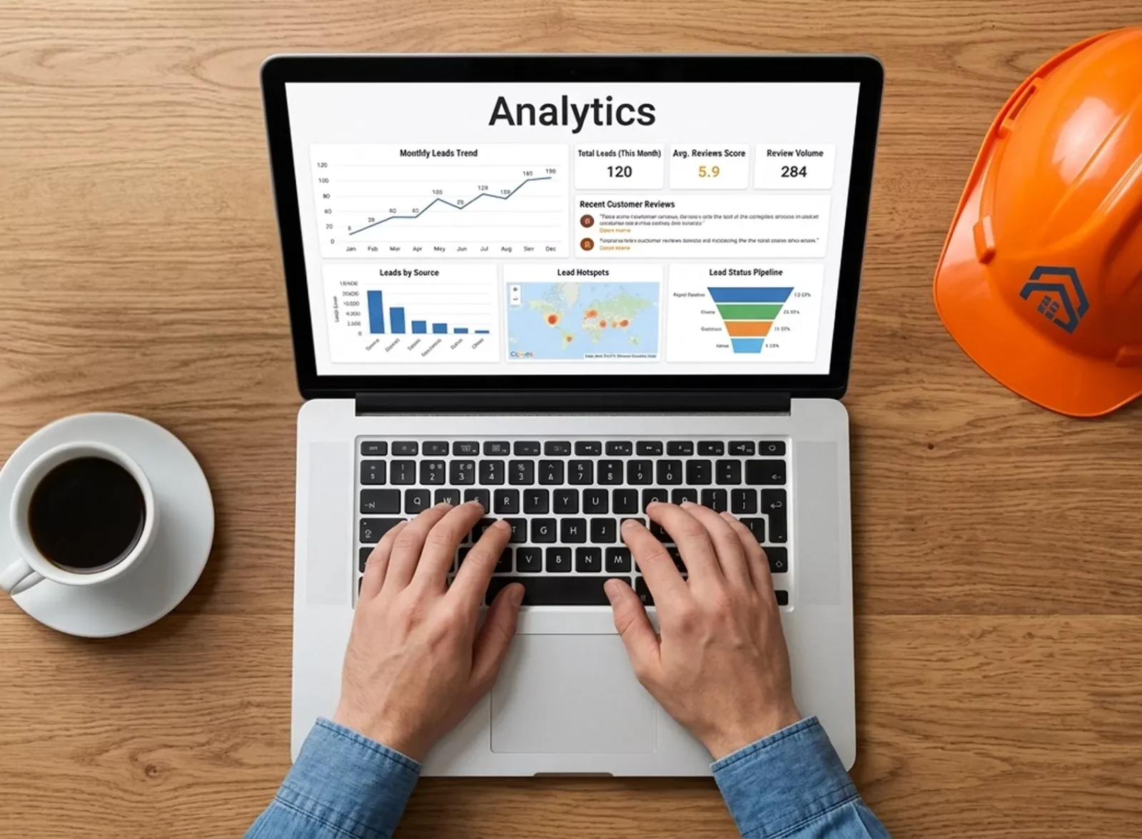 Roofing marketing ideas dashboard with leads and reviews