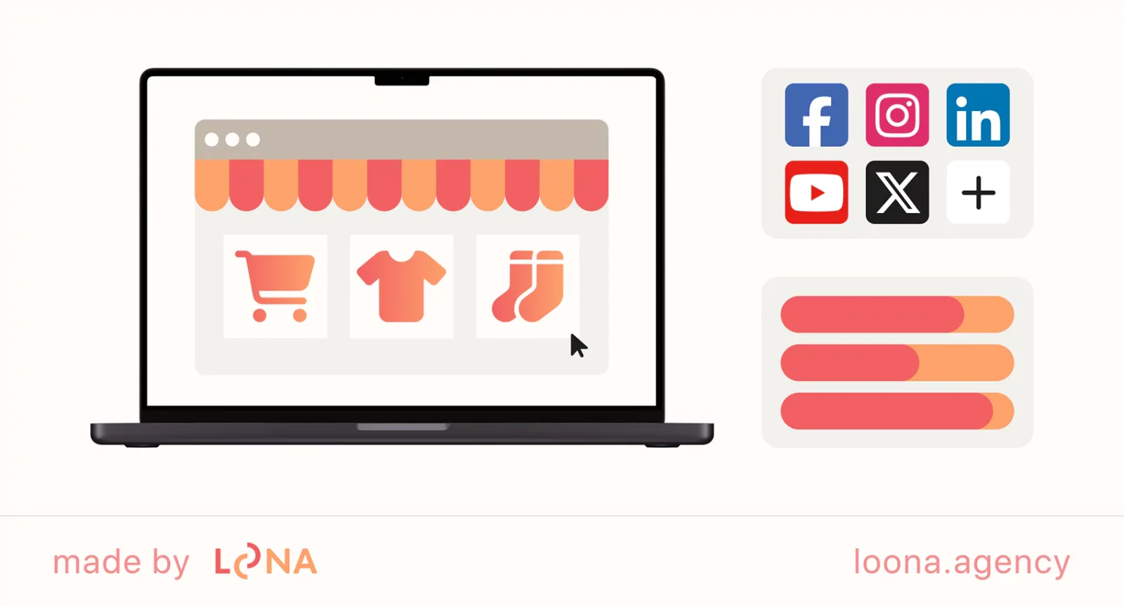 Illustration of an online store on the laptop with social media buttons and analytics indicators in the background
