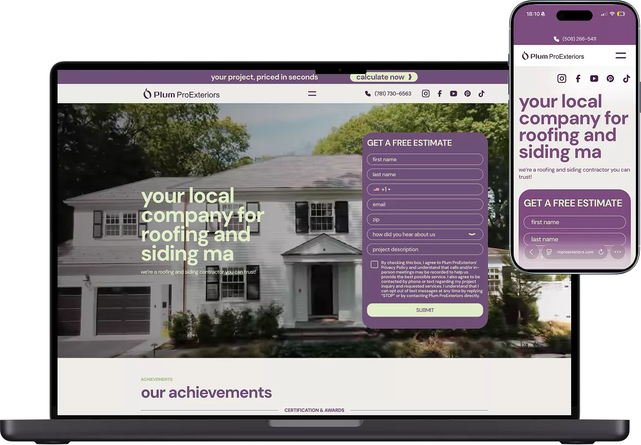 Redesigned Plum ProExteriors website on desktop and mobile