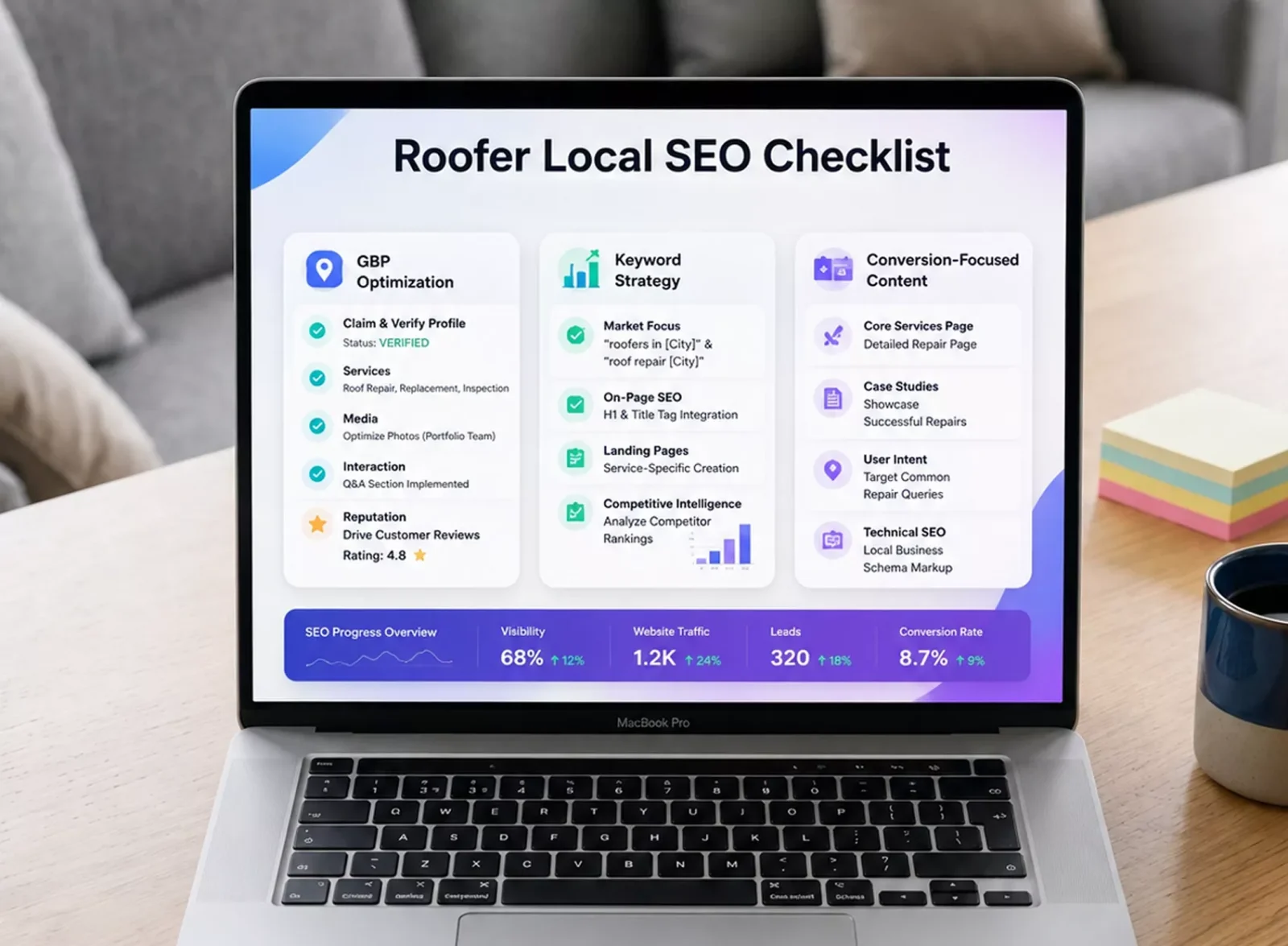 Roofing contractor local SEO checklist on laptop screen