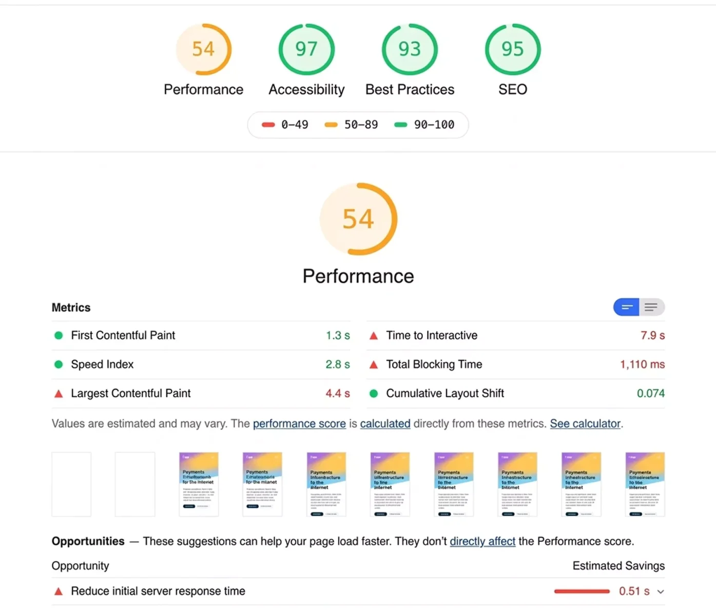 Roofing website speed and SEO audit Google Lighthouse performance report for a roofing website
