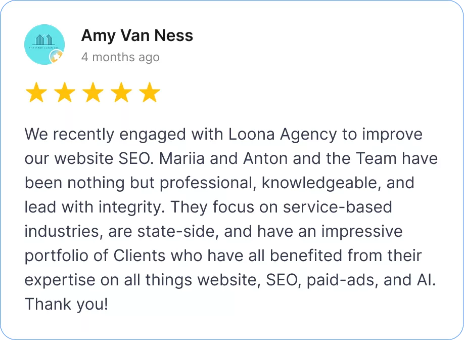 Five-star review from Amy Van Ness praising Loona Agency’s SEO, paid ads, and AI expertise.