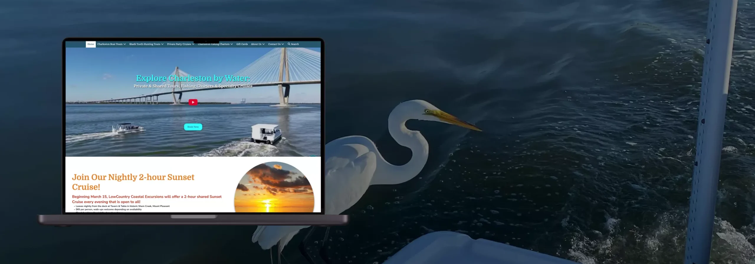 LowCountry Coastal Excursions website displayed on a laptop beside a heron on a South Carolina coastal waterway