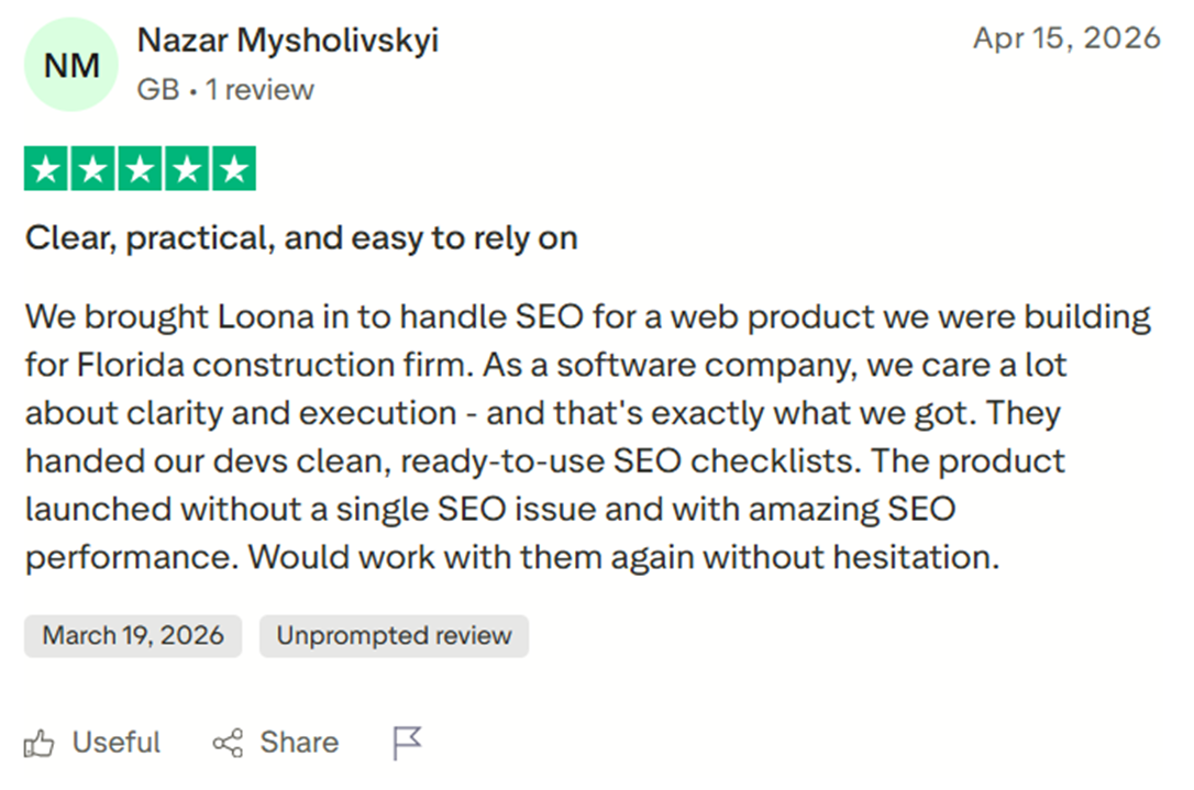 Five-star client review from Nazar Mysholivskyi about technical SEO support for a software product built for a Florida construction company.