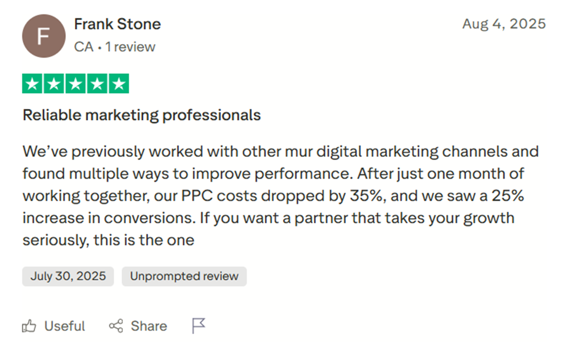 Five-star client review from Frank Stone about PPC optimization that reduced costs and increased conversions.