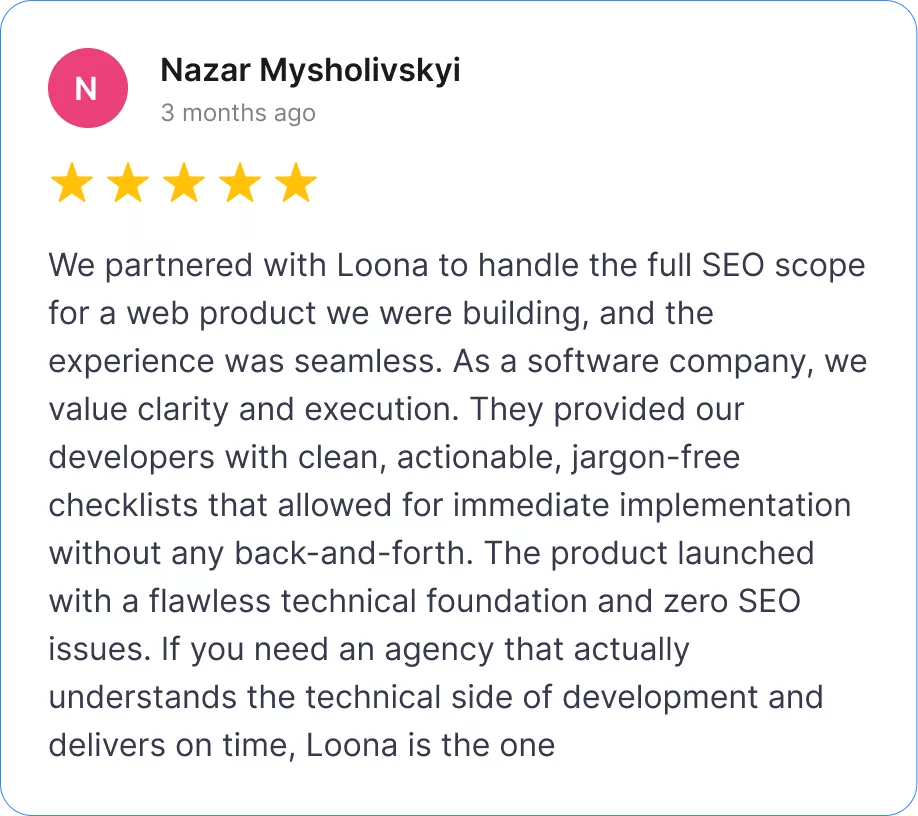 Five-star review from Nazar Mysholivskyi about Loona Agency’s technical SEO support for a software product.