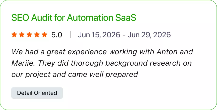 Five-star client review of a detailed SEO audit for an automation SaaS company.