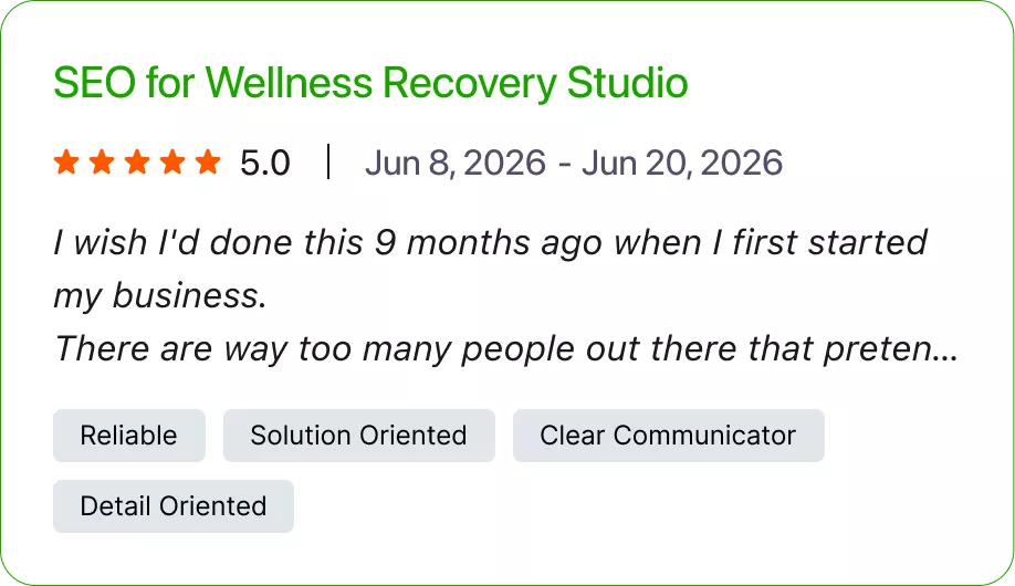 Five-star client review of SEO services for a wellness recovery studio.