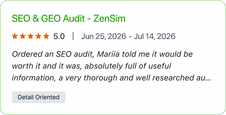 Five-star ZenSim client review of Loona Agency’s detailed SEO and GEO audit.
