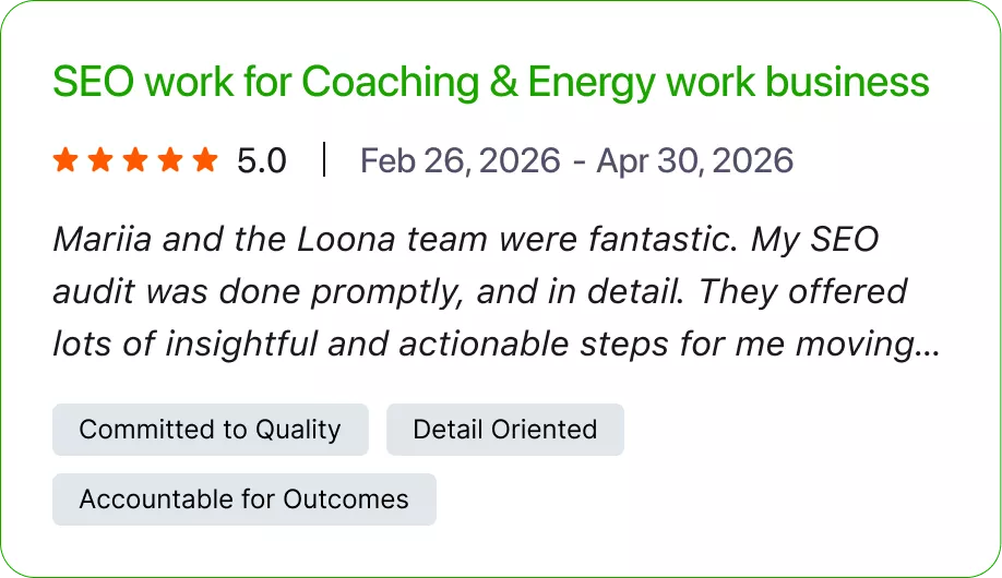 Five-star client review of SEO audit services for a coaching and energy work business.