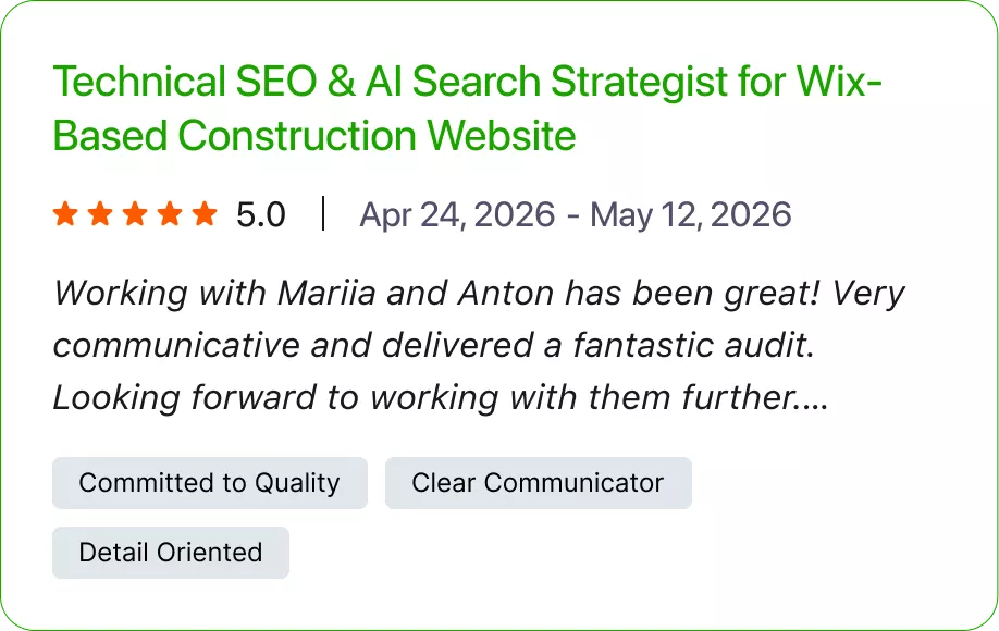 Five-star client review of a technical SEO and AI search audit for a Wix construction website.