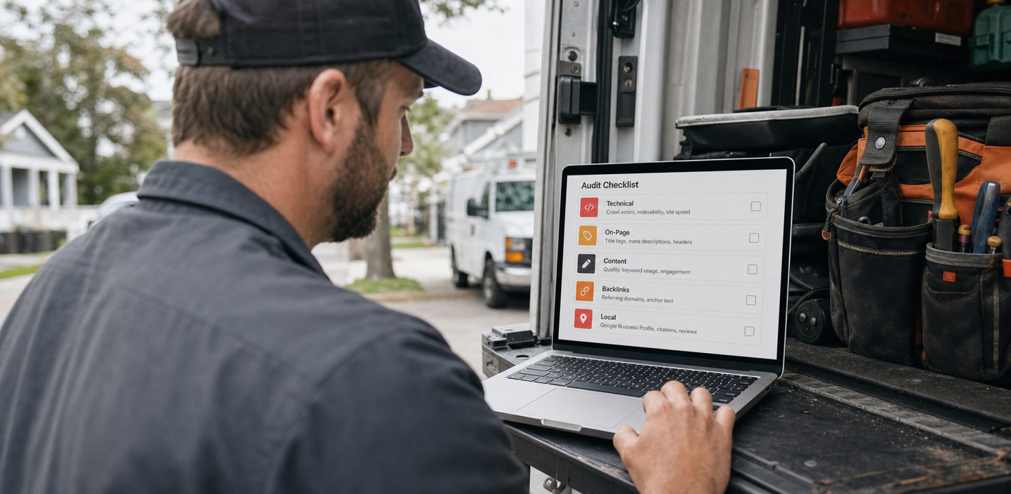 Contractor reviewing SEO audit checklist findings on laptop screen