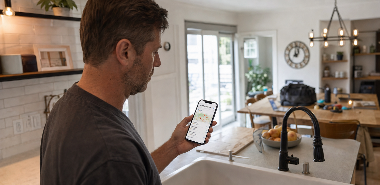 Homeowner using smartphone to search for local plumber