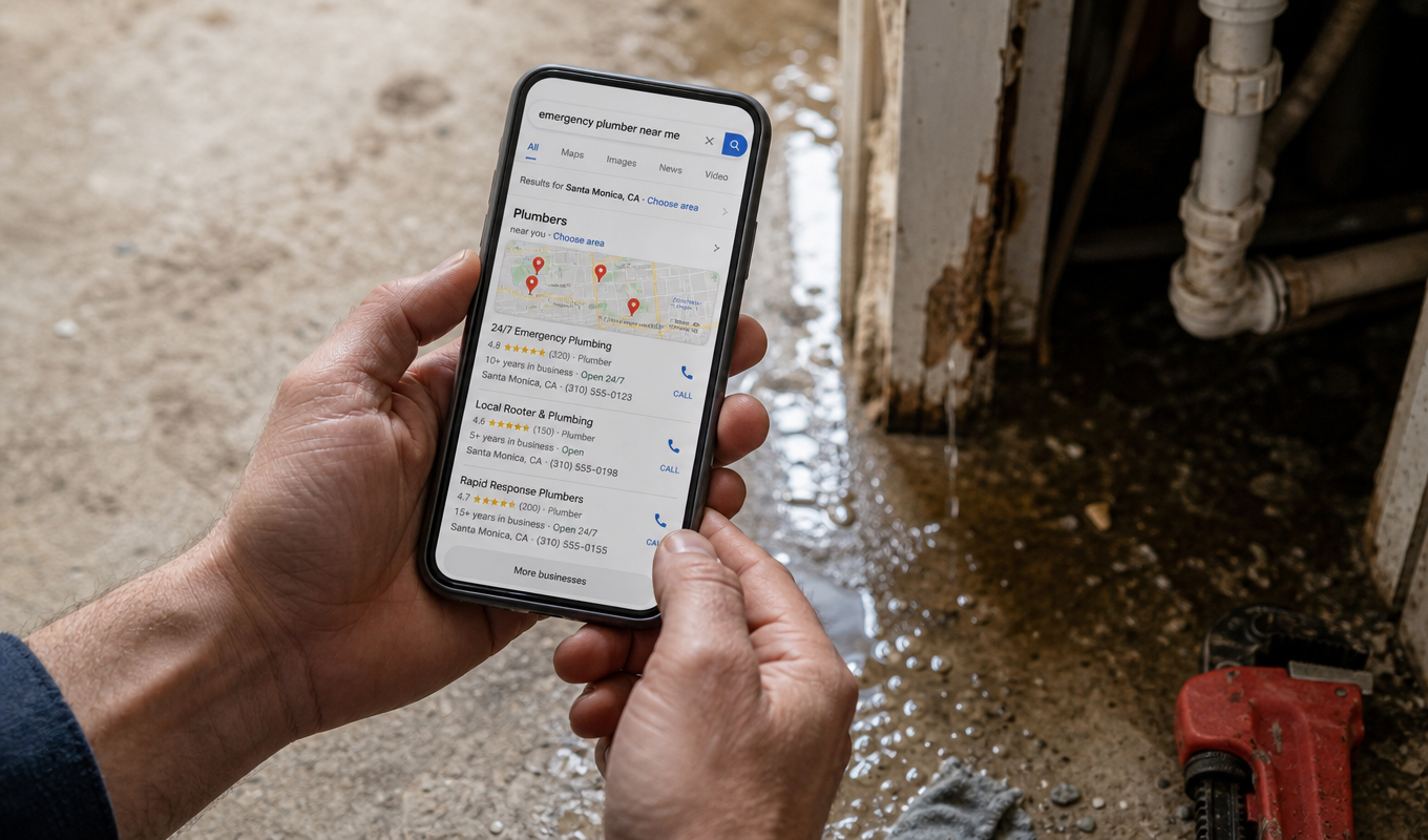Person typing emergency plumber near me during water leak