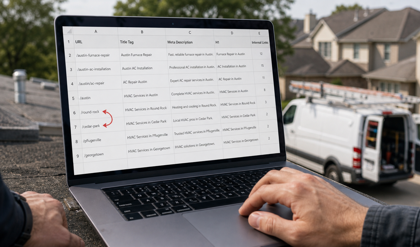 Spreadsheet tracking title tags, meta descriptions, and internal links