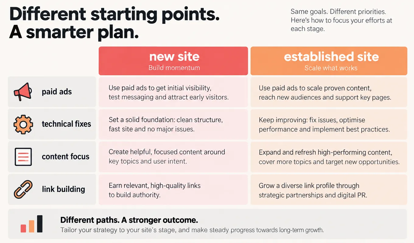 Site maturity comparison Chart comparing traffic priorities for new versus established websites