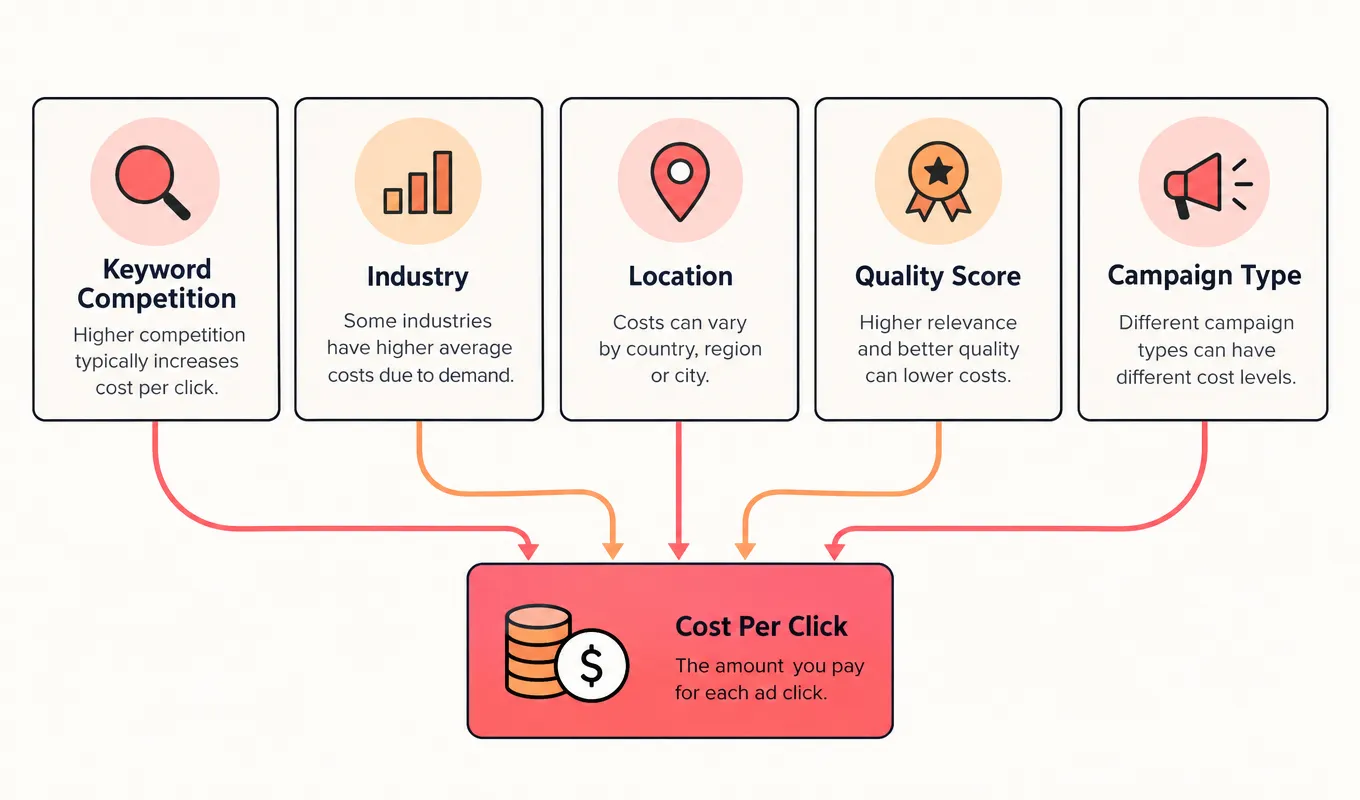 Cost driver flow Diagram of factors that raise or lower Google Ads cost
