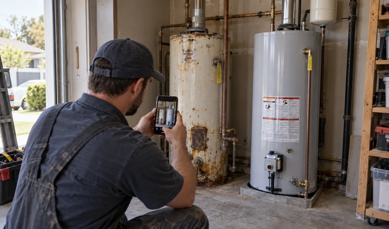 On-site before/after shot Contractor photographing before and after water heater install for social