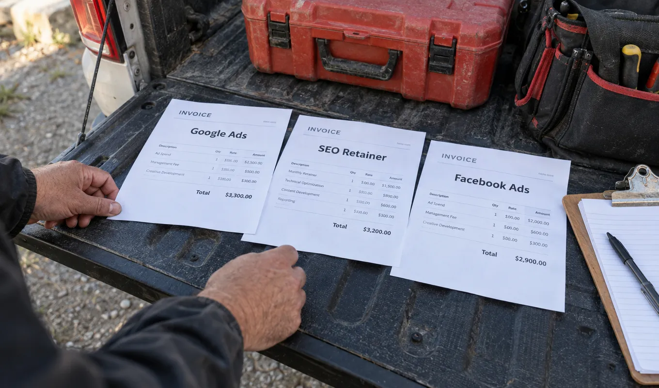 Comparing marketing invoices Invoices comparing Google Ads, SEO, and Facebook Ads costs