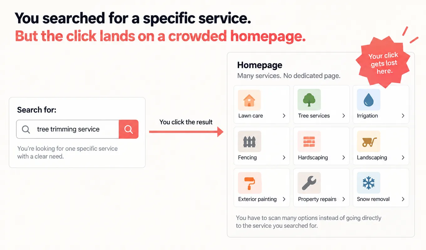 Traffic misrouting diagram Diagram showing homepage absorbing clicks meant for service pages