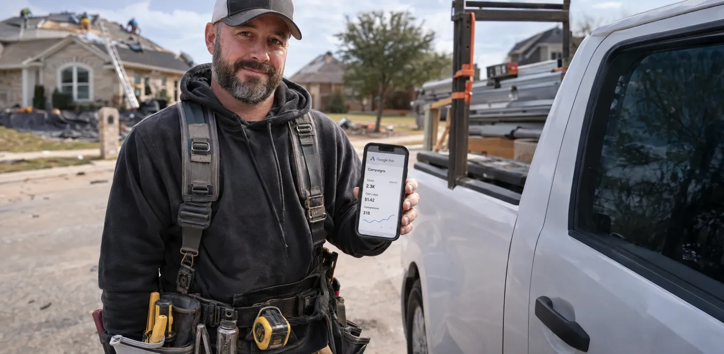 Contractor checking Google Ads cost per click on phone at job site