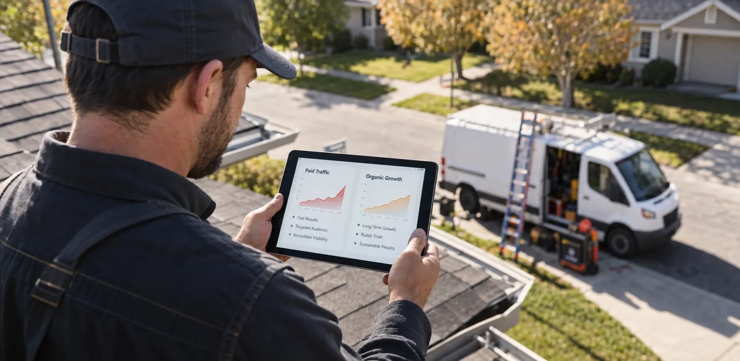 Contractor checking website traffic report on tablet outdoors