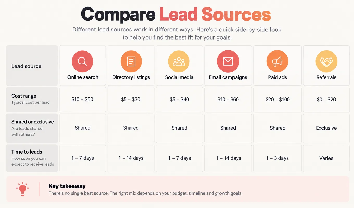 Roofing leads cost per lead compared across six sources