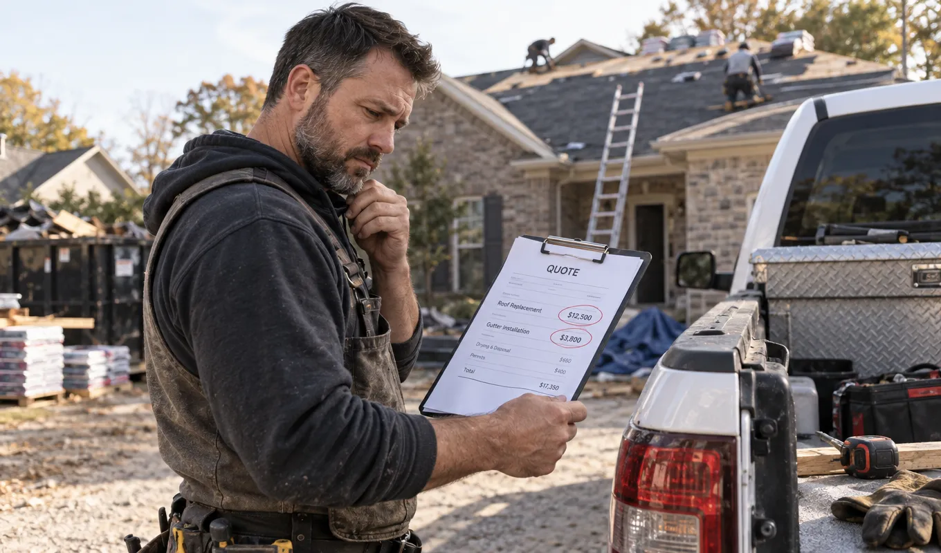 Contractor reviewing printed quote with fee and ad spend lines beside truck