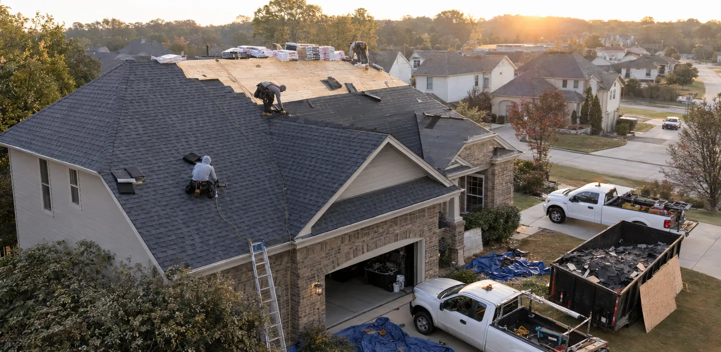 Roofing crew on a residential rooftop at sunrise, shingles half installed