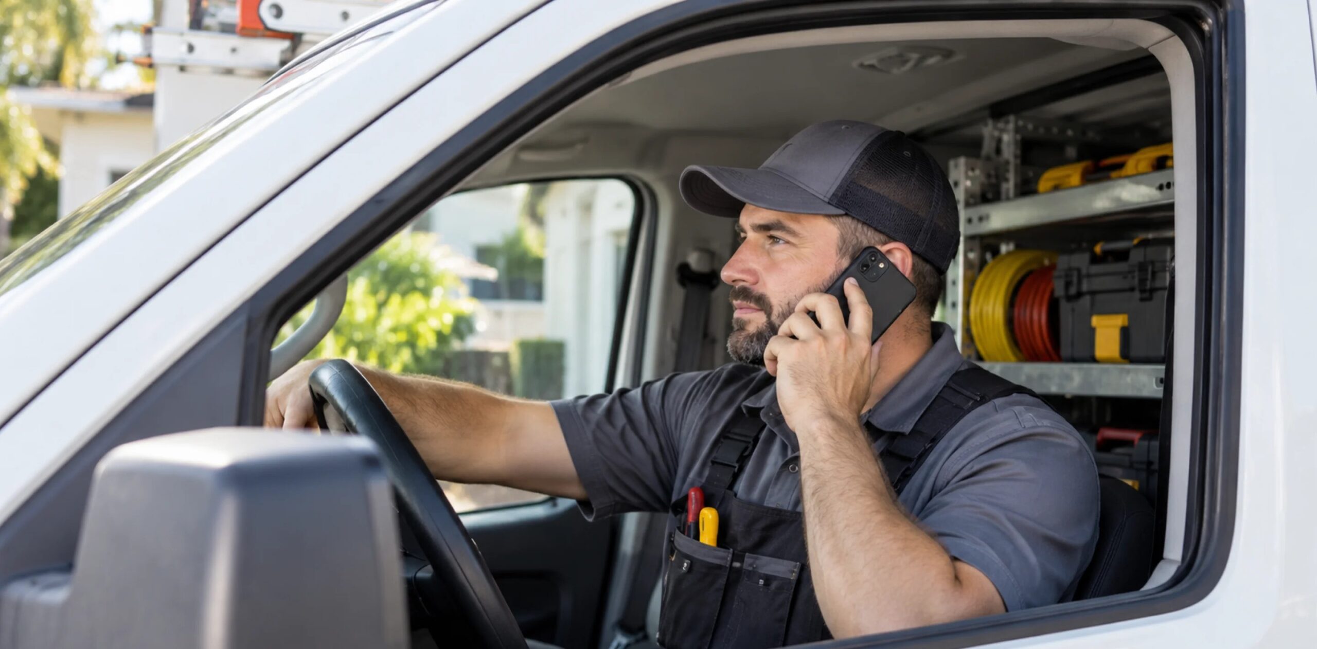 Electrician taking a customer call from Google search beside a service van