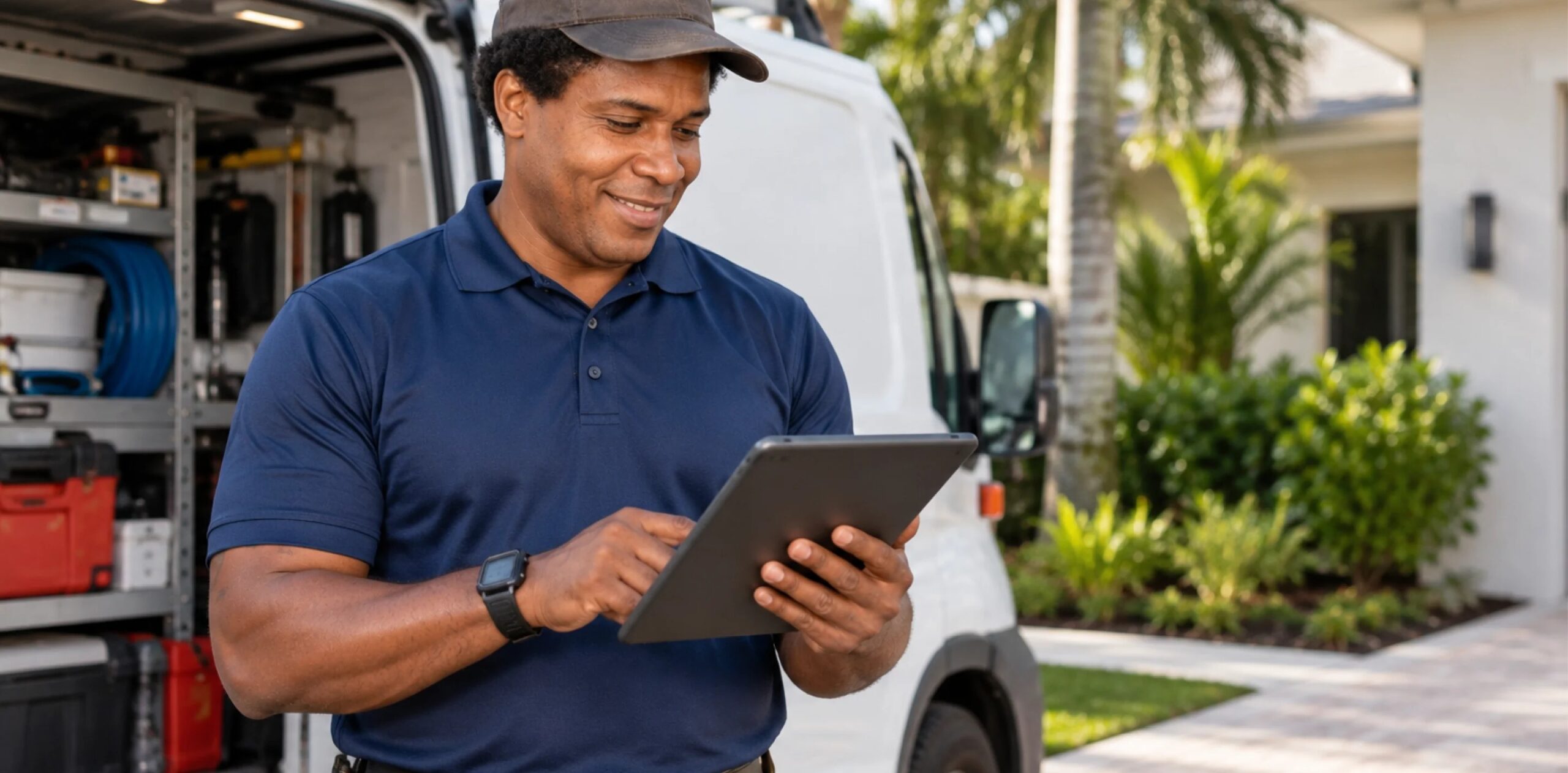 Plumbing company owner reviewing booked calls from plumber SEO on tablet